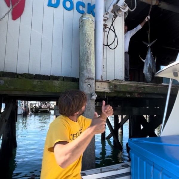 Person in yellow shirt gives thumbs up near fish dock holding large fish.